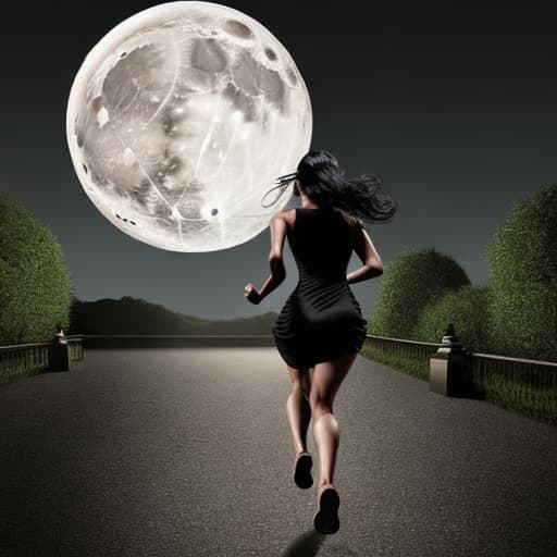  highly detailed, realistic full body shot of a woman running, at midnightwith a full moon shining on the pathway. the view should be from her back so you can’t we hee face only hee jet black hair. she’s wearing a black gown and her skin is a beautiful porcelain color. the background is ominous and foreboding. add details and make it extremely realistic