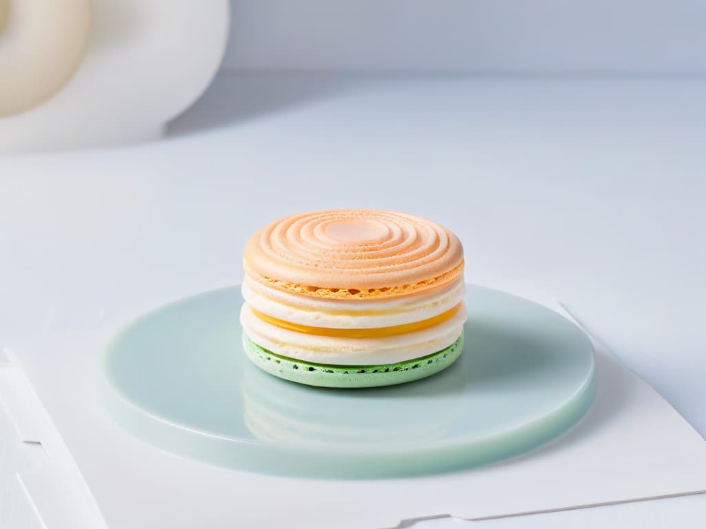  A closeup, ultradetailed image of a perfectly smooth and glossy macaron shell, showcasing intricate concentric circles formed by delicate piping, with a flawless "pied" at the base, set against a pristine white background to emphasize its elegant simplicity. hyperrealistic, full body, detailed clothing, highly detailed, cinematic lighting, stunningly beautiful, intricate, sharp focus, f/1. 8, 85mm, (centered image composition), (professionally color graded), ((bright soft diffused light)), volumetric fog, trending on instagram, trending on tumblr, HDR 4K, 8K