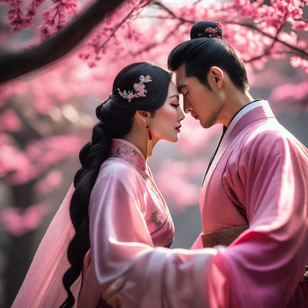  A super perspective view of a woman clad in ancient Chinese tulle Hanfu kissing another woman in pink Hanfu, featuring a fantasy ambiance with realistic skin textures, subtle details including a blink that you might miss, captured as if through realistic photography using 3D models, all in high-definition. hyperrealistic, full body, detailed clothing, highly detailed, cinematic lighting, stunningly beautiful, intricate, sharp focus, f/1. 8, 85mm, (centered image composition), (professionally color graded), ((bright soft diffused light)), volumetric fog, trending on instagram, trending on tumblr, HDR 4K, 8K