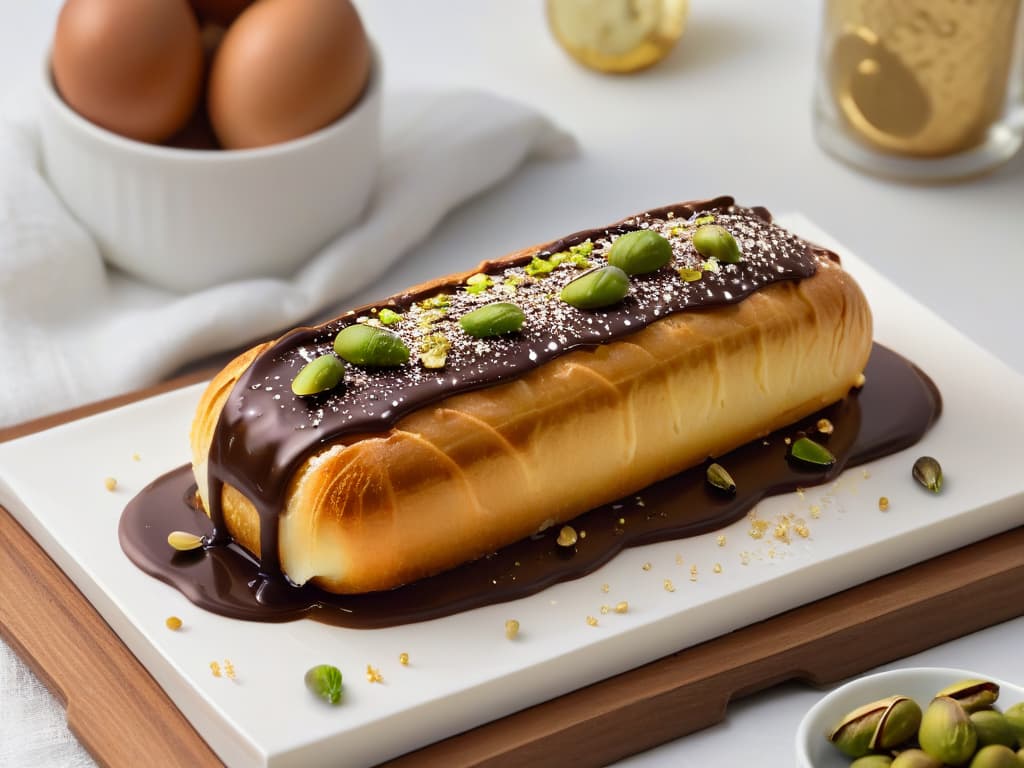  A closeup, ultradetailed photograph of a perfectly baked éclair with a glossy chocolate glaze, topped with a delicate gold leaf, and sprinkled with finely chopped pistachios. The éclair is placed on a sleek, modern white plate with a subtle geometric pattern, set against a softfocused background of a pristine kitchen counter with hints of elegant copper utensils and a stack of pastelcolored measuring cups and spoons. The lighting is warm and inviting, highlighting the rich textures and intricate details of the dessert. hyperrealistic, full body, detailed clothing, highly detailed, cinematic lighting, stunningly beautiful, intricate, sharp focus, f/1. 8, 85mm, (centered image composition), (professionally color graded), ((bright soft diffused light)), volumetric fog, trending on instagram, trending on tumblr, HDR 4K, 8K