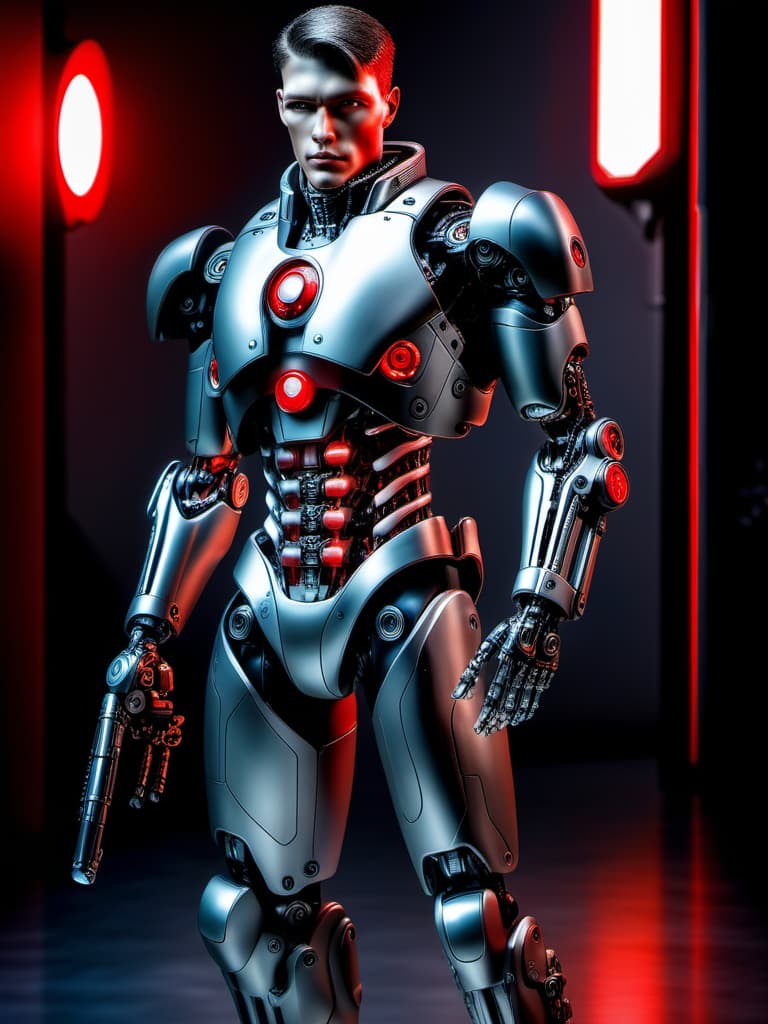  future policeman, mechanical parts, humanlike cyborg, (bionicarm), (red lights), (leatherclothing), posing, (masterpiece, high quality, best quality:1.3), Detailed