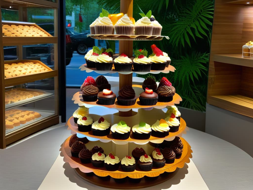  An ultradetailed closeup image of a beautifully crafted, sustainable bamboo display stand showcasing a variety of ecofriendly packaging options filled with delicious baked goods like cupcakes, cookies, and pastries. The stand is elegantly designed with modern, clean lines, exuding a sense of sophistication and environmental consciousness. The baked goods are artfully arranged, highlighting their vibrant colors and tempting textures, creating an inviting display that perfectly captures the essence of sustainable merchandising for a bakery. hyperrealistic, full body, detailed clothing, highly detailed, cinematic lighting, stunningly beautiful, intricate, sharp focus, f/1. 8, 85mm, (centered image composition), (professionally color graded), ((bright soft diffused light)), volumetric fog, trending on instagram, trending on tumblr, HDR 4K, 8K