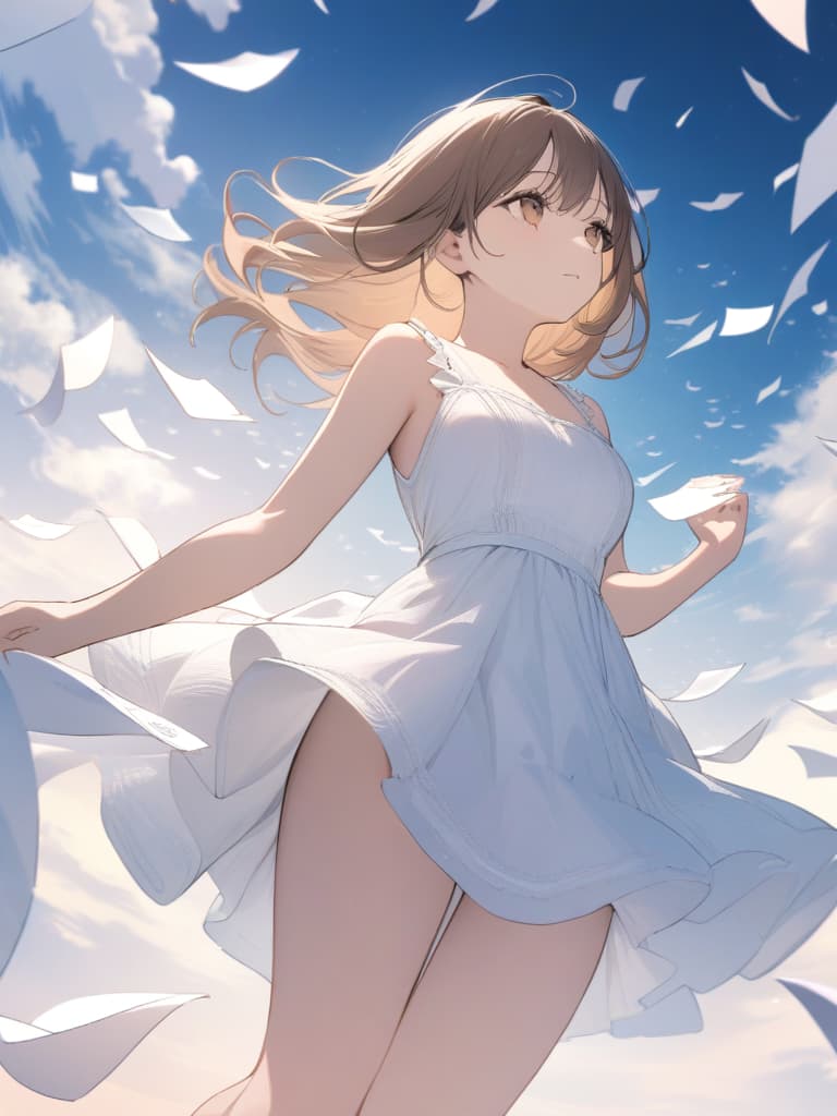  Masterpiece,((( lots of letters flying in the sky))),natural light,white incoming clouds,midsummer,((( girl looking up at the sky))),delicate brown hair color,white summer dress,swaying hem,lace,(((letters flying out of girl's hands))),pale light,low angle,super sensitive,super high resolution,super analysis,16K, masterpiece, best quality,8k,ultra detailed,high resolution,an extremely delicate and beautiful,hyper detail