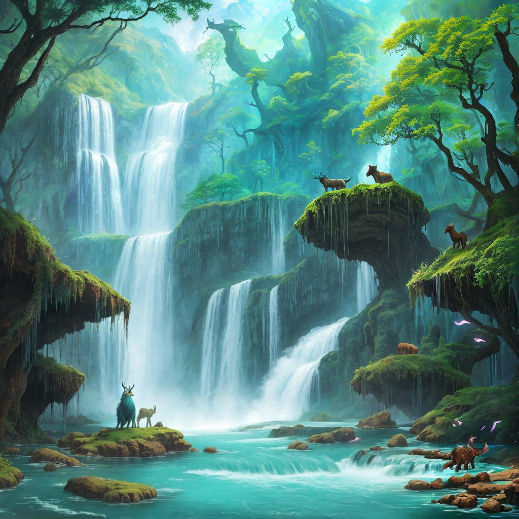  in a fantasy setting, Paint a surreal landscape where mythical beasts roam amidst cascading waterfalls.