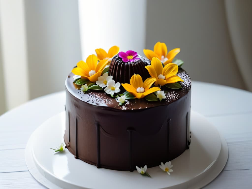  A highresolution image of a beautifully crafted vegan chocolate cake with a simple, elegant design, featuring smooth, glossy ganache and delicate edible flowers as decoration. hyperrealistic, full body, detailed clothing, highly detailed, cinematic lighting, stunningly beautiful, intricate, sharp focus, f/1. 8, 85mm, (centered image composition), (professionally color graded), ((bright soft diffused light)), volumetric fog, trending on instagram, trending on tumblr, HDR 4K, 8K