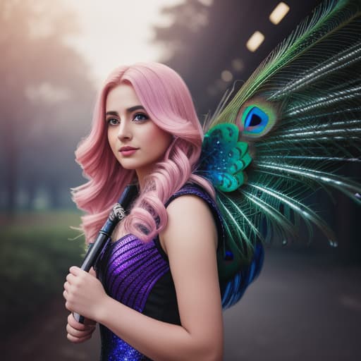  peacock feathers in the girls hair, angel wings, pink. halo, and clouds, hyperrealistic, high quality, highly detailed, cinematic lighting, intricate, sharp focus, f/1. 8, 85mm, (centered image composition), (professionally color graded), ((bright soft diffused light)), volumetric fog, trending on instagram, HDR 4K, 8K