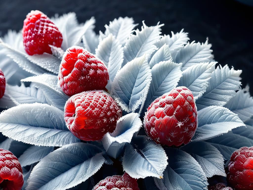  A closeup, ultradetailed image capturing the intricate formation of ice crystals on a perfectly liofilized raspberry, showcasing the stunning texture and preservation achieved through the liofilization process. The ice crystals glisten under a soft light, creating a visually captivating and minimalist composition that highlights the artistry and precision of liofilization in pastrymaking. hyperrealistic, full body, detailed clothing, highly detailed, cinematic lighting, stunningly beautiful, intricate, sharp focus, f/1. 8, 85mm, (centered image composition), (professionally color graded), ((bright soft diffused light)), volumetric fog, trending on instagram, trending on tumblr, HDR 4K, 8K