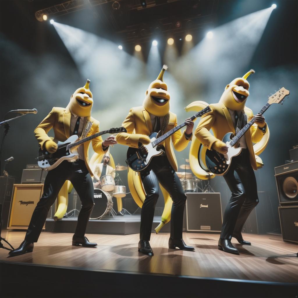  A rock band of bananas people perform on stage, in a concert hall perspective from full height. hyperrealistic, full body, detailed clothing, highly detailed, cinematic lighting, stunningly beautiful, intricate, sharp focus, f/1. 8, 85mm, (centered image composition), (professionally color graded), ((bright soft diffused light)), volumetric fog, trending on instagram, trending on tumblr, HDR 4K, 8K