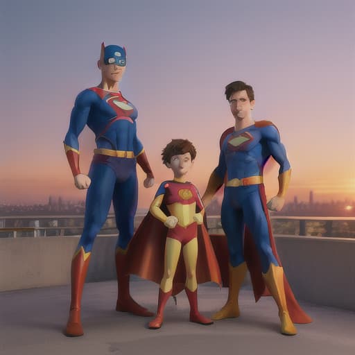  A family of superheroes in colorful costumes, striking a heroic pose on a city rooftop at sunset,  realism , 8k,best quality