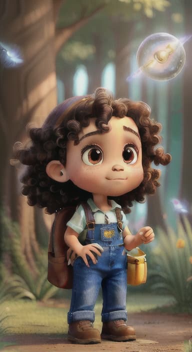  {The tree shining brightly and releasing a gentle, magical light., Riley, a curious with big brown eyes and curly hair, wearing overalls and carrying a small backpack. Their friend, Skye, a bluebird with shiny feathers.