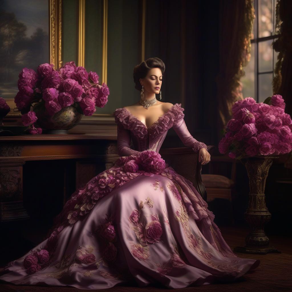  Victorian beauty in sorrow beautiful dress with a bunch of aurans 1870s orchid Rose bouquet on the table hyperrealistic, full body, detailed clothing, highly detailed, cinematic lighting, stunningly beautiful, intricate, sharp focus, f/1. 8, 85mm, (centered image composition), (professionally color graded), ((bright soft diffused light)), volumetric fog, trending on instagram, trending on tumblr, HDR 4K, 8K