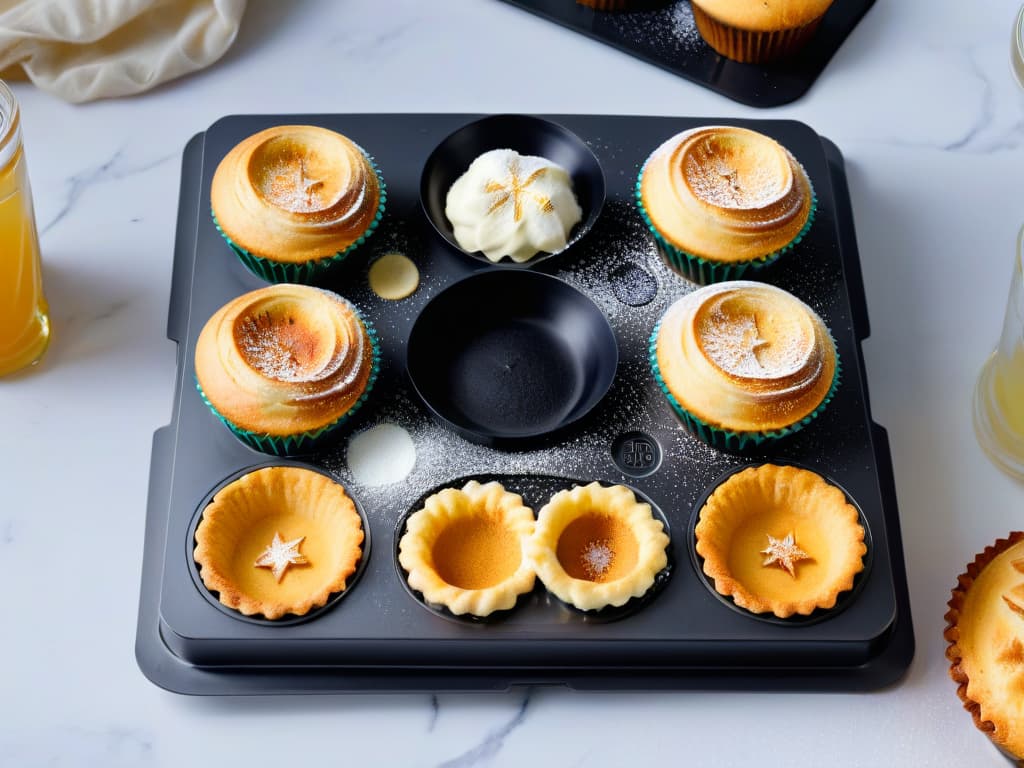  An ultradetailed closeup image of a sleek, modern silicone baking mold filled with perfectly risen muffins, showcasing the intricate patterns and smooth texture of the mold. The muffins are golden brown and steaming, with a sprinkling of powdered sugar on top, set on a marble countertop under soft natural light that highlights the precision and quality of the silicone mold. hyperrealistic, full body, detailed clothing, highly detailed, cinematic lighting, stunningly beautiful, intricate, sharp focus, f/1. 8, 85mm, (centered image composition), (professionally color graded), ((bright soft diffused light)), volumetric fog, trending on instagram, trending on tumblr, HDR 4K, 8K