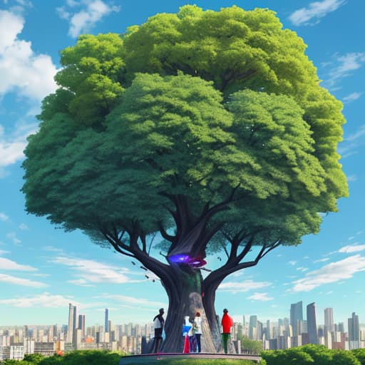  Colorful clouds, a leafy tree, standing below five people, three men and two women, looking at the city in the distance, the city has a futuristic color.