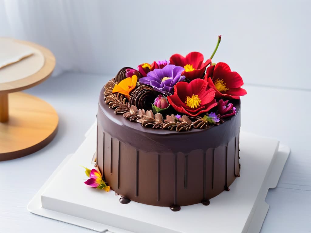  A highresolution, ultradetailed image of a beautifully decorated chocolate cake with intricate swirls of rich ganache, delicate chocolate shavings, and vibrant edible flowers placed on a sleek, modern cake stand. The cake is set against a clean, white backdrop, with soft, natural lighting highlighting every luscious detail and creating a visually stunning and appetizing composition. hyperrealistic, full body, detailed clothing, highly detailed, cinematic lighting, stunningly beautiful, intricate, sharp focus, f/1. 8, 85mm, (centered image composition), (professionally color graded), ((bright soft diffused light)), volumetric fog, trending on instagram, trending on tumblr, HDR 4K, 8K