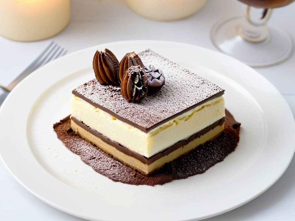  A closeup, highresolution image of a decadent slice of tiramisù elegantly presented on a simple, white plate. The focus is on the layers of creamy mascarpone cheese, espressosoaked ladyfingers, and a sprinkle of cocoa powder on top. The soft lighting highlights the smooth texture and rich colors of the dessert, creating a visually appealing and appetizing composition that perfectly complements the article's professional and informative tone. hyperrealistic, full body, detailed clothing, highly detailed, cinematic lighting, stunningly beautiful, intricate, sharp focus, f/1. 8, 85mm, (centered image composition), (professionally color graded), ((bright soft diffused light)), volumetric fog, trending on instagram, trending on tumblr, HDR 4K, 8K