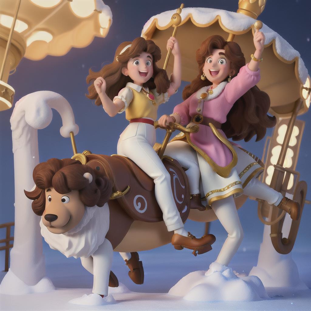  masterpiece, best quality, 80 's animation, color lead painting, classicism, carousel, new year, ice and snow, night, medium hair, brown hair, bulky fluffy hair, fluffy hair, laughter, goddess, solo