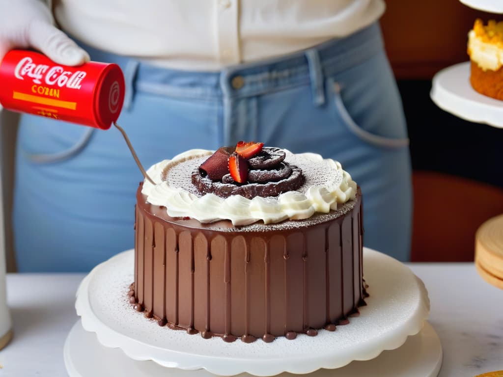  A closeup, ultradetailed image of a hand sprinkling ethically sourced, fair trade cocoa powder onto a perfectly frosted cake. The cocoa powder forms a delicate cloud of brown particles cascading down onto the cake, highlighting the rich, indulgent quality of the ingredient. The focus is on the intricate texture of the powder as it lands on the smooth surface of the cake, creating a visually captivating contrast. The lighting captures every minute detail, from the individual particles of cocoa powder to the glossy sheen of the frosting, evoking a sense of precision and artistry in the world of ethical baking. hyperrealistic, full body, detailed clothing, highly detailed, cinematic lighting, stunningly beautiful, intricate, sharp focus, f/1. 8, 85mm, (centered image composition), (professionally color graded), ((bright soft diffused light)), volumetric fog, trending on instagram, trending on tumblr, HDR 4K, 8K