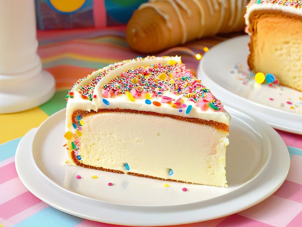  A detailed closeup image of a slice of colorful Fairy Bread on a white plate, showcasing the vibrant sprinkles and rainbowcolored bread slices, set against a softfocus background of a festive party table with fairy lights twinkling in the background. The image captures the intricate details of each sprinkle and the texture of the bread, creating a mouthwatering and visually appealing depiction of this whimsical treat. hyperrealistic, full body, detailed clothing, highly detailed, cinematic lighting, stunningly beautiful, intricate, sharp focus, f/1. 8, 85mm, (centered image composition), (professionally color graded), ((bright soft diffused light)), volumetric fog, trending on instagram, trending on tumblr, HDR 4K, 8K