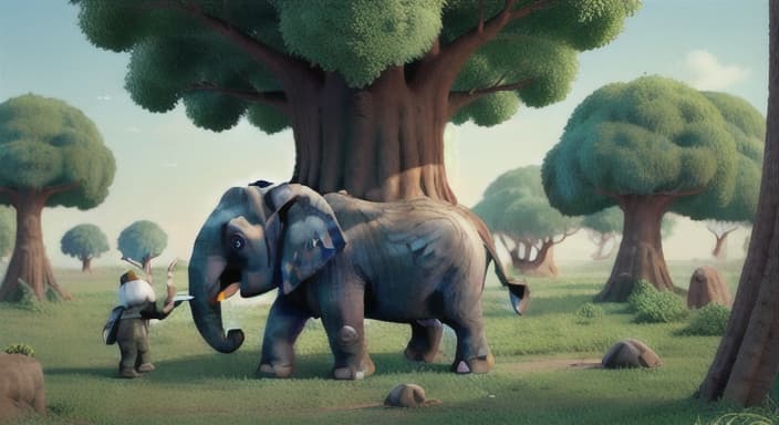  {The elephant walking toward the giant tree with curiosity., The elephant has a long trunk and big ears. It looks friendly and excited.