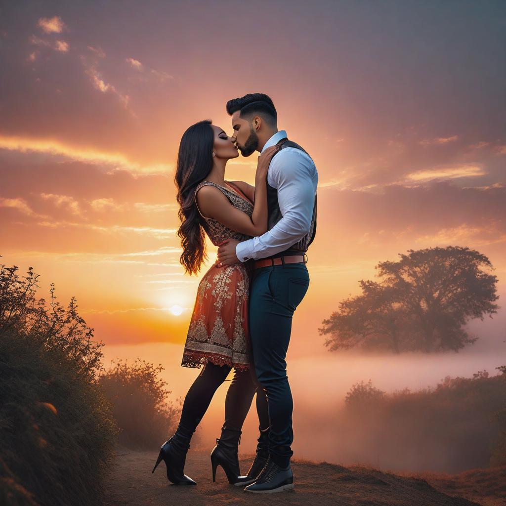  beautiful sunset couple kissing, realistic human, photo hyperrealistic, full body, detailed clothing, highly detailed, cinematic lighting, stunningly beautiful, intricate, sharp focus, f/1. 8, 85mm, (centered image composition), (professionally color graded), ((bright soft diffused light)), volumetric fog, trending on instagram, trending on tumblr, HDR 4K, 8K