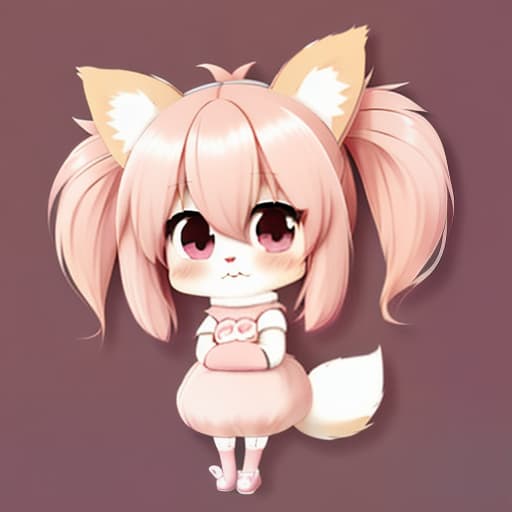  pink. furry. twin bun hair. girl. chibi. cute. kawaii. background cute cosmetics. blurred blush painting. cute fluffy fox. kemono.