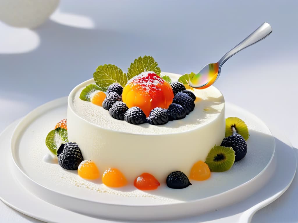  A closeup, ultrahighdefinition image of a delicate spoon delicately placing vibrant, jewellike spheres of fruit caviar onto a pristine white dessert. The caviar glistens with a rainbow of colors, contrasting beautifully against the white backdrop, creating a visually striking and luxurious scene that evokes a sense of elegance and sophistication. hyperrealistic, full body, detailed clothing, highly detailed, cinematic lighting, stunningly beautiful, intricate, sharp focus, f/1. 8, 85mm, (centered image composition), (professionally color graded), ((bright soft diffused light)), volumetric fog, trending on instagram, trending on tumblr, HDR 4K, 8K