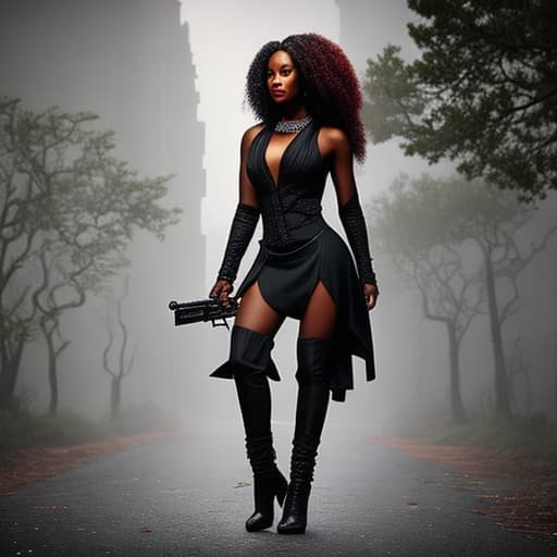  Black girls with guns hyperrealistic, full body, detailed clothing, highly detailed, cinematic lighting, stunningly beautiful, intricate, sharp focus, f/1. 8, 85mm, (centered image composition), (professionally color graded), ((bright soft diffused light)), volumetric fog, trending on instagram, trending on tumblr, HDR 4K, 8K