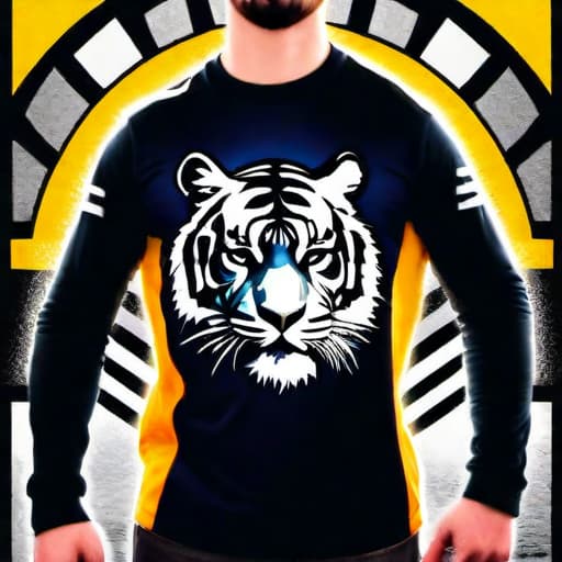  - (Tiger) graphic on a t-shirt hyperrealistic, full body, detailed clothing, highly detailed, cinematic lighting, stunningly beautiful, intricate, sharp focus, f/1. 8, 85mm, (centered image composition), (professionally color graded), ((bright soft diffused light)), volumetric fog, trending on instagram, trending on tumblr, HDR 4K, 8K