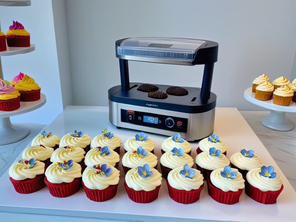  A minimalistic and sleek image of a modern, stainless steel cupcake maker with a digital display, surrounded by neatly arranged rows of freshly baked cupcakes of various flavors and colorful frostings. The cupcakes are elegantly decorated with sprinkles and edible flowers, sitting on a clean, white marble countertop under soft, natural lighting that highlights their textures and vibrant colors. hyperrealistic, full body, detailed clothing, highly detailed, cinematic lighting, stunningly beautiful, intricate, sharp focus, f/1. 8, 85mm, (centered image composition), (professionally color graded), ((bright soft diffused light)), volumetric fog, trending on instagram, trending on tumblr, HDR 4K, 8K