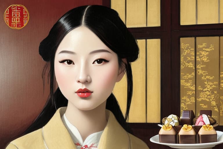  Attractive Beautiful young modern Chinese girl dressed in designer attire with moist parted lips. Foreground is plates of fine dark chocolates. Background is an exclusive Chinese restaurant . Painting style of Edgar Degas