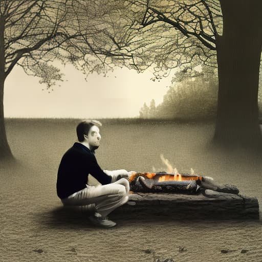 dublex style hd, b&w, drawing, sitting and thinking man next to a fireplace inside a house, wearing glasses, nature inside