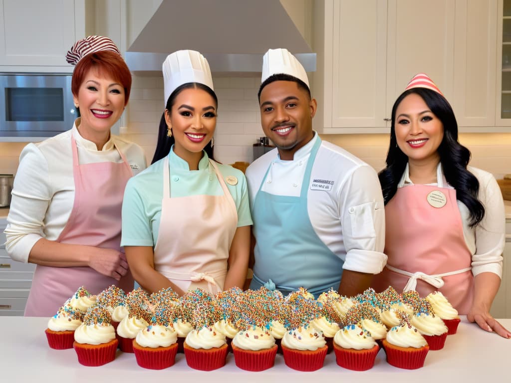  A group of ren of diverse backgrounds and ages, wearing colorful aprons and chef hats, gathered around a kitchen island covered in sprinkles, frosting, and various baking ingredients. Each is focused on decorating their own cupcakes with intricate designs using piping bags, while a smiling supervisor observes their creations. The image conveys a sense of joy, teamwork, and creativity in a minimalist style with a soft pastel color palette. hyperrealistic, full body, detailed clothing, highly detailed, cinematic lighting, stunningly beautiful, intricate, sharp focus, f/1. 8, 85mm, (centered image composition), (professionally color graded), ((bright soft diffused light)), volumetric fog, trending on instagram, trending on tumblr, HDR 4K, 8K