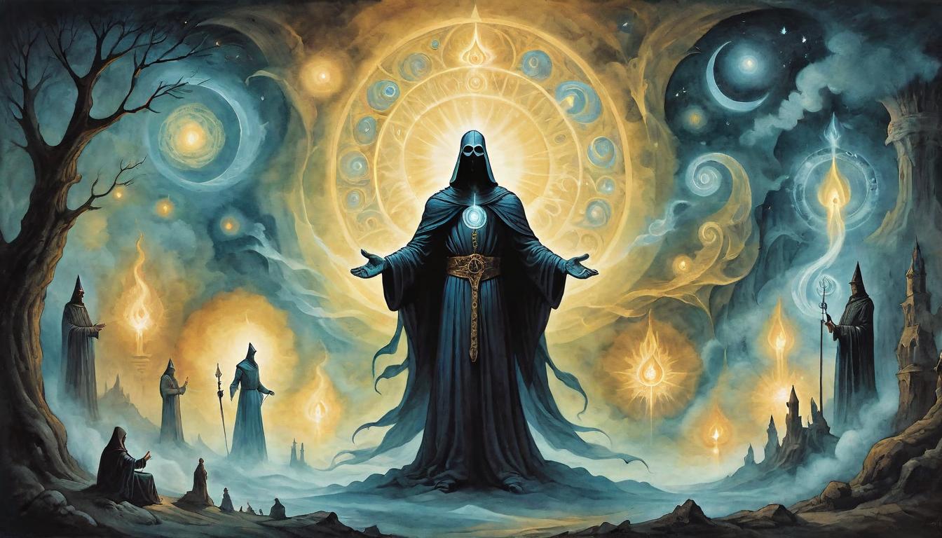  on parchment, surrealism+++, A central figure emanating a bright and powerful aura, dark new age background, surrounding figures appear small and overshadowed, intense glowing light(mysterious, provocative, symbolic,muted color)+++