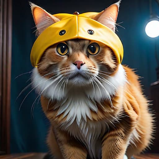  A cat terrified by a Giant Goldfisch hyperrealistic, full body, detailed clothing, highly detailed, cinematic lighting, stunningly beautiful, intricate, sharp focus, f/1. 8, 85mm, (centered image composition), (professionally color graded), ((bright soft diffused light)), volumetric fog, trending on instagram, trending on tumblr, HDR 4K, 8K