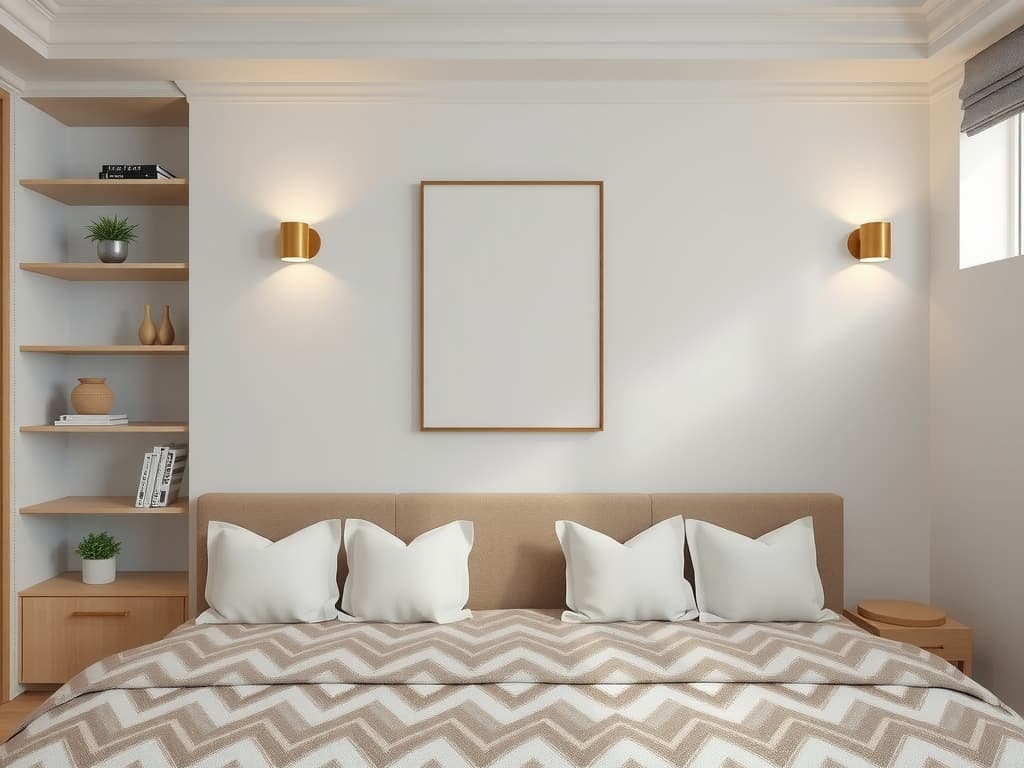  diego revollo, a contemporary and chic interior designer, is set to design a stunningly beautiful guest bedroom emphasizing scandinavian style —marked by simplicity, functionality, clean lines, and warm, inviting muted tones. the space will feature intricate scandinavian hygge decorations, dense furnishings, and decor that emphasize both style and functionality. the centerpiece is the seating with zigzag wave upholstery. this hyperrealistic, unedited 8k photograph captures the essence of the design under bright, soft diffused light, ensuring every detail is sharply focused and highly detailed.