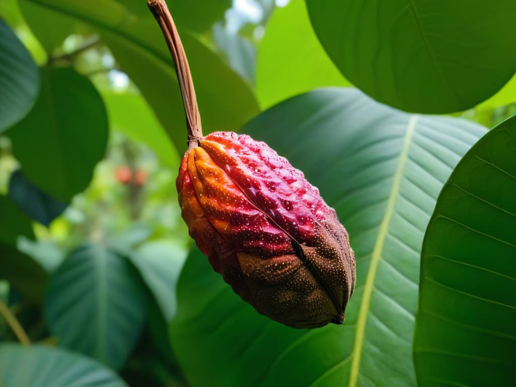  An 8k ultradetailed image of a single, perfectly ripe cacao pod, split open to reveal the glistening cocoa beans inside. The background is a soft focus of a lush, tropical cacao plantation, with hints of sunlight filtering through the canopy onto the pod, showcasing the beauty and origin of fair trade ingredients in a minimalistic yet captivating manner. hyperrealistic, full body, detailed clothing, highly detailed, cinematic lighting, stunningly beautiful, intricate, sharp focus, f/1. 8, 85mm, (centered image composition), (professionally color graded), ((bright soft diffused light)), volumetric fog, trending on instagram, trending on tumblr, HDR 4K, 8K