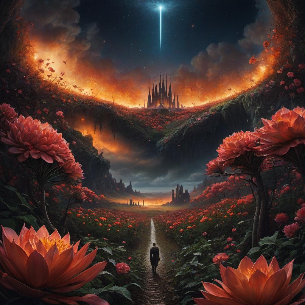  (stylized by Tomasz Alen Kopera:1.3) , dark art, dense flower field and Perseid meteor in background, landscape of a (Barcelona:1.2) , very Bizarre and 1600'S, Hurricane, Glitchcore, Amaro, layered textures, ornate, intricate artistic color, complimentary colors, very inspirational, atmosphere, fine artistic composition, sunny, theatrical hyperrealistic, full body, detailed clothing, highly detailed, cinematic lighting, stunningly beautiful, intricate, sharp focus, f/1. 8, 85mm, (centered image composition), (professionally color graded), ((bright soft diffused light)), volumetric fog, trending on instagram, trending on tumblr, HDR 4K, 8K