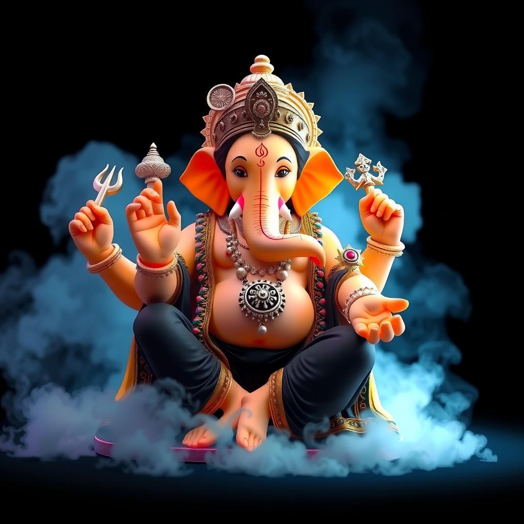  this image shows a vibrant depiction of the hindu deity cute ganesha. he is portrayed in a traditional sitting posture, adorned with ornate jewelry and a crown. his body is a soft orange, and his attire includes black and white garments. his multiple arms carry symbols and objects, indicative of his various powers and blessings. the background is dark, creating a dramatic contrast with a smoky blue aura behind the figure, adding to the divine and mystical effect, sharp focus, f/1. 8, 85mm, (centered image composition), (professionally color graded), ((bright soft diffused light)), volumetric fog, trending on instagram, trending on tumblr, hdr 4k, 8k hyperrealistic, full body, detailed clothing, highly detailed, cinematic lighting, stunningly beautiful, intricate, sharp focus, f/1. 8, 85mm, (centered image composition), (professionally color graded), ((bright soft diffused light)), volumetric fog, trending on instagram, trending on tumblr, HDR 4K, 8K