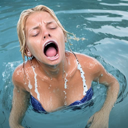  tanned blonde woman drowning and sinking in the water water is up to her nose, her body is not visible she's screaming and panic