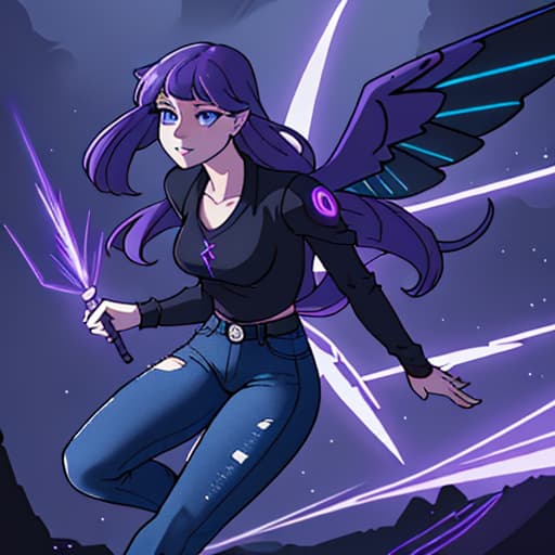  female,long hair Purple,her bangs on the side,Blue eyes,fairy,her Wings is buttetfly Purple,blck jeans,black shirt,black hacker,background is sky,she is fly at the sky hyperrealistic, full body, detailed clothing, highly detailed, cinematic lighting, stunningly beautiful, intricate, sharp focus, f/1. 8, 85mm, (centered image composition), (professionally color graded), ((bright soft diffused light)), volumetric fog, trending on instagram, trending on tumblr, HDR 4K, 8K