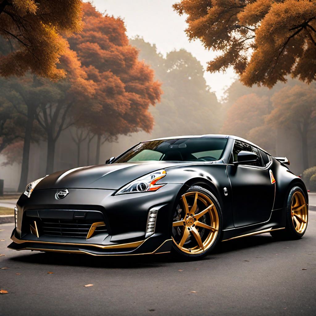  Nissan 370Z in matte black with gold trim detailing. The car is customized with hood vents for better engine cooling, a sleek duckbill spoiler for a sporty aesthetic, and roof vents for improved aerodynamics. hyperrealistic, full body, detailed clothing, highly detailed, cinematic lighting, stunningly beautiful, intricate, sharp focus, f/1. 8, 85mm, (centered image composition), (professionally color graded), ((bright soft diffused light)), volumetric fog, trending on instagram, trending on tumblr, HDR 4K, 8K