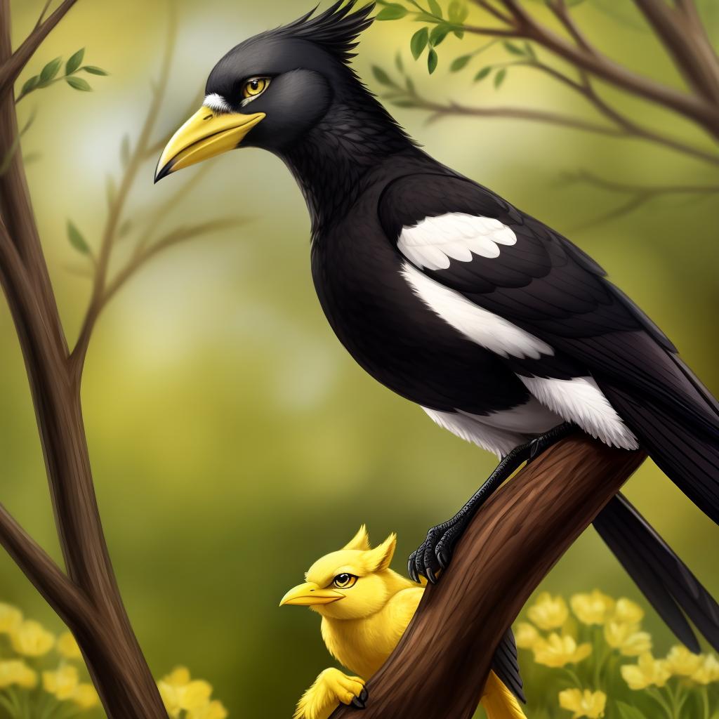  yellow-billed magpie, holarctic magpie, magpie (corvid) , gryphon, yellow beak, yellow undereye circles, open eyes, digital art, masterpiece, 4k, fine details,