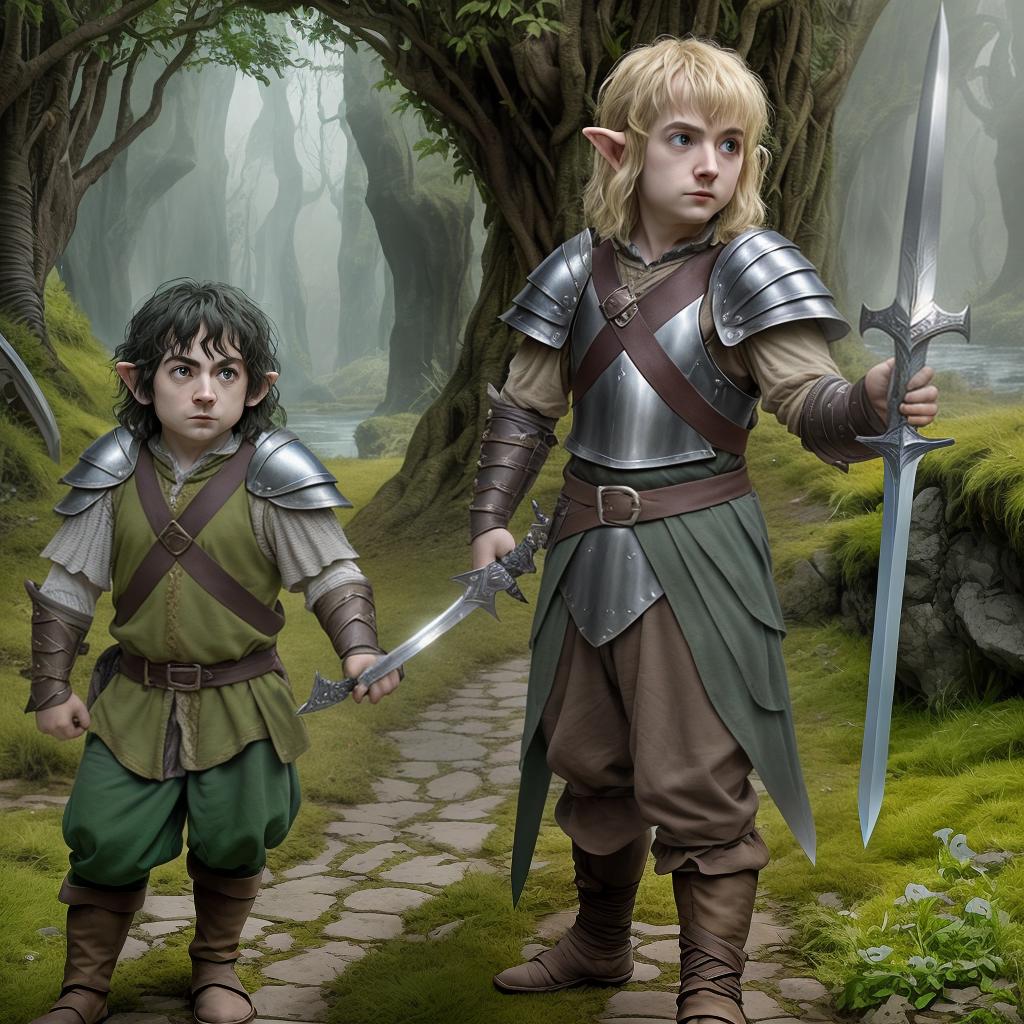  two hobbit, wear armor, holding double sword, in the advanture with ftiends