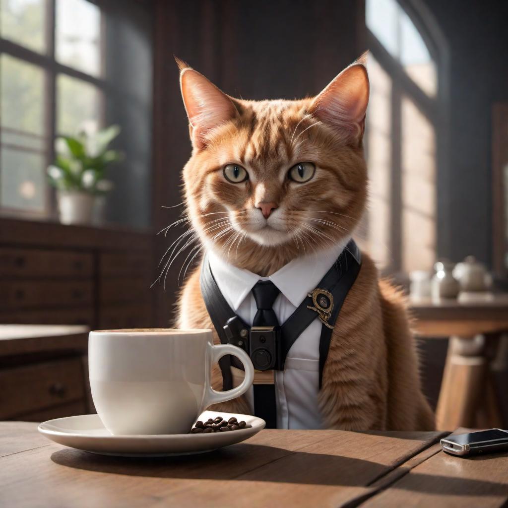  a funny meme, where a cat is sitting by the table. Coffee mug in front of him. And he is holding a gun, looking irritated. And there's a text "I haven't had my coffee yet. Don't purrr-sue me" hyperrealistic, full body, detailed clothing, highly detailed, cinematic lighting, stunningly beautiful, intricate, sharp focus, f/1. 8, 85mm, (centered image composition), (professionally color graded), ((bright soft diffused light)), volumetric fog, trending on instagram, trending on tumblr, HDR 4K, 8K