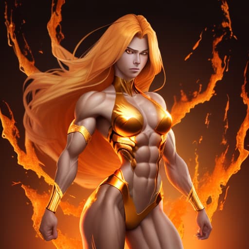  Muscular but slender woman with golden hair made of fire and orange eyes