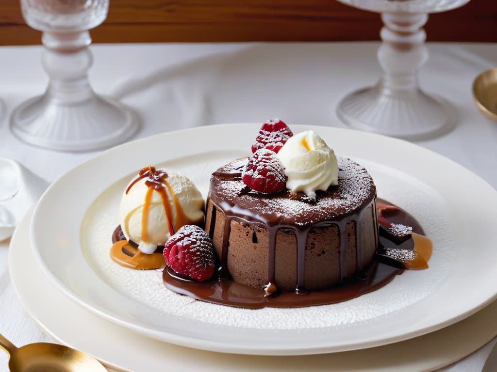  A decadent chocolate lava cake oozing with rich molten chocolate, topped with a scoop of creamy vanilla ice cream, surrounded by fresh raspberries and a drizzle of caramel sauce on a delicate white porcelain plate. The warm golden glow of a flickering candle in the background highlights the glossy texture of the dessert, creating a mouthwatering and visually stunning scene perfect for the article on flavor fusion techniques in baked desserts. hyperrealistic, full body, detailed clothing, highly detailed, cinematic lighting, stunningly beautiful, intricate, sharp focus, f/1. 8, 85mm, (centered image composition), (professionally color graded), ((bright soft diffused light)), volumetric fog, trending on instagram, trending on tumblr, HDR 4K, 8K