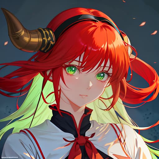  Close plan, face of a girl, big shiny eyes, eyes of green color, red hair, wearing a school uniform, with a hairband on her head, with short red horns on the hairband., Manga big eyes expressive faces colorful hair Hayao Miyazaki Masashi Kishimoto Makoto Shinkai CLAMP Yoshiyuki Sadamoto hyperrealistic, full body, detailed clothing, highly detailed, cinematic lighting, stunningly beautiful, intricate, sharp focus, f/1. 8, 85mm, (centered image composition), (professionally color graded), ((bright soft diffused light)), volumetric fog, trending on instagram, trending on tumblr, HDR 4K, 8K