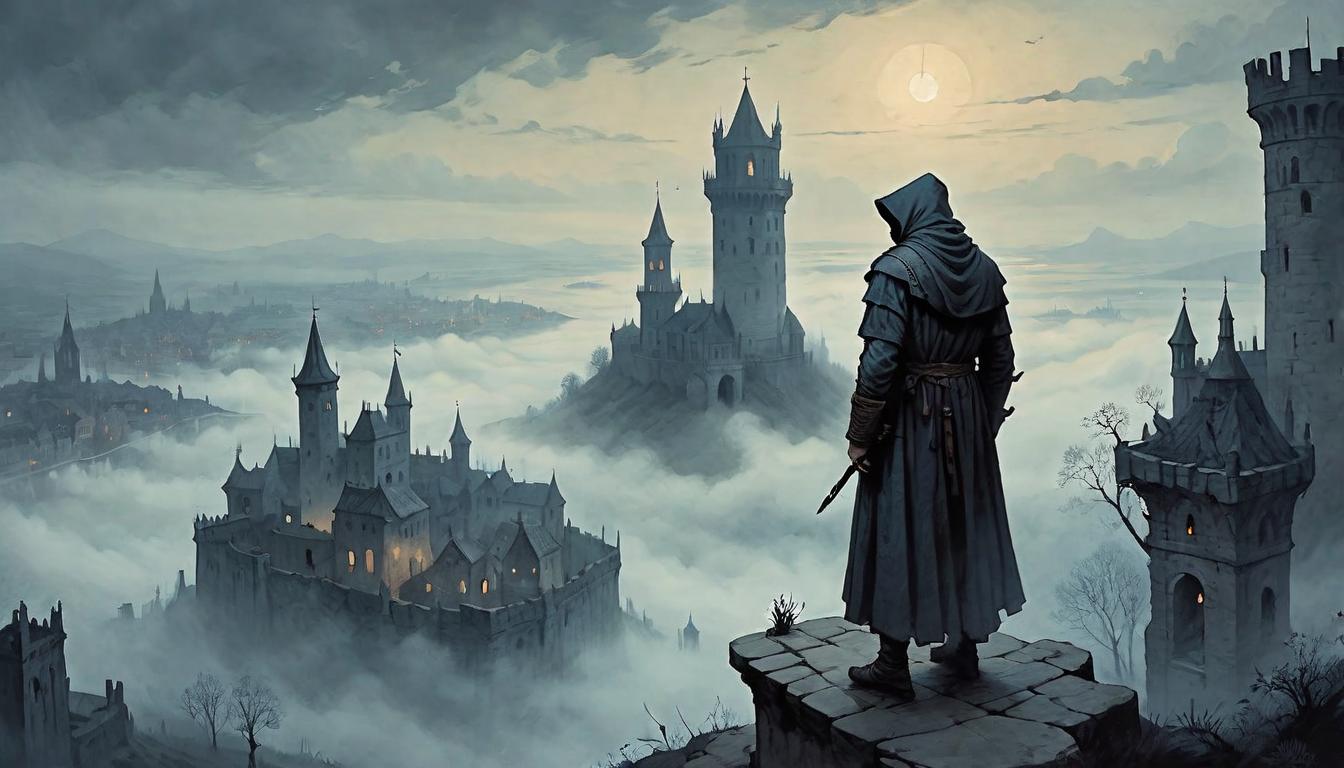  on parchment, surrealism+++, A lone observer perched atop an ancient tower, overlooking a fog covered city at dusk, symbolizing the advantage of an outsider perspective. Cloaked figure, tower crumbling, city mysterious below, twilight enveloping, isolation, reflective solitude.(mysterious, provocative, symbolic,muted color)+++