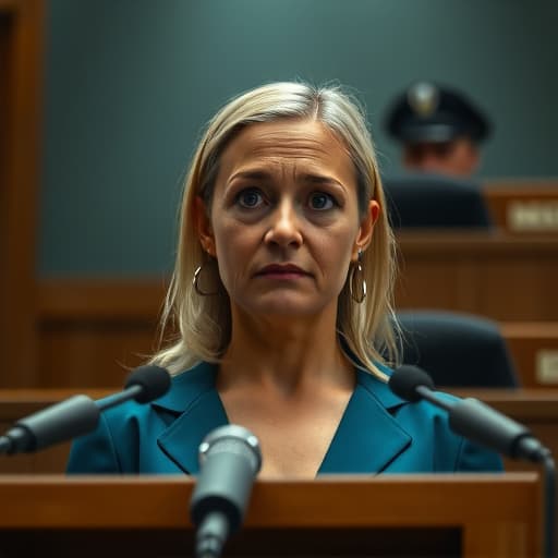  the face of a scared middle aged blond woman who stands at a podium defending herself in court in the style of tatsuro kiuchi, minimalism, simple v 6.1 s 750 hyperrealistic, full body, detailed clothing, highly detailed, cinematic lighting, stunningly beautiful, intricate, sharp focus, f/1. 8, 85mm, (centered image composition), (professionally color graded), ((bright soft diffused light)), volumetric fog, trending on instagram, trending on tumblr, HDR 4K, 8K