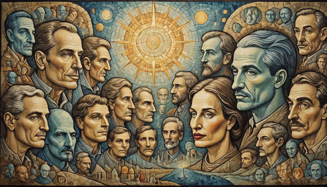  on parchment, surrealism+++, A mosaic of faces, each illuminated by a singular, unique light, coming together to form a tapestry of legacies, union of the misunderstood, chorus of visions, mosaic of change(mysterious, provocative, symbolic,muted color)+++